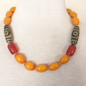 Southwestern Burnt Orange, Red Resin & Green Tibetan Dzi Agate Necklace